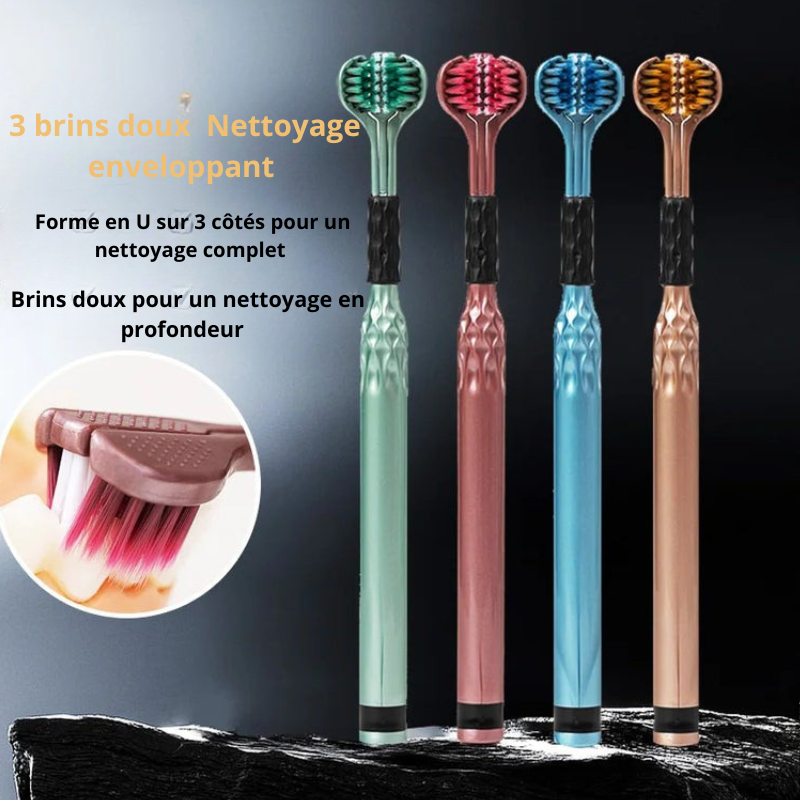 Brosse à Dents 3 Faces – Tête en U, Poils Souples | Brossage Complet en 1 Geste | DentaGlow