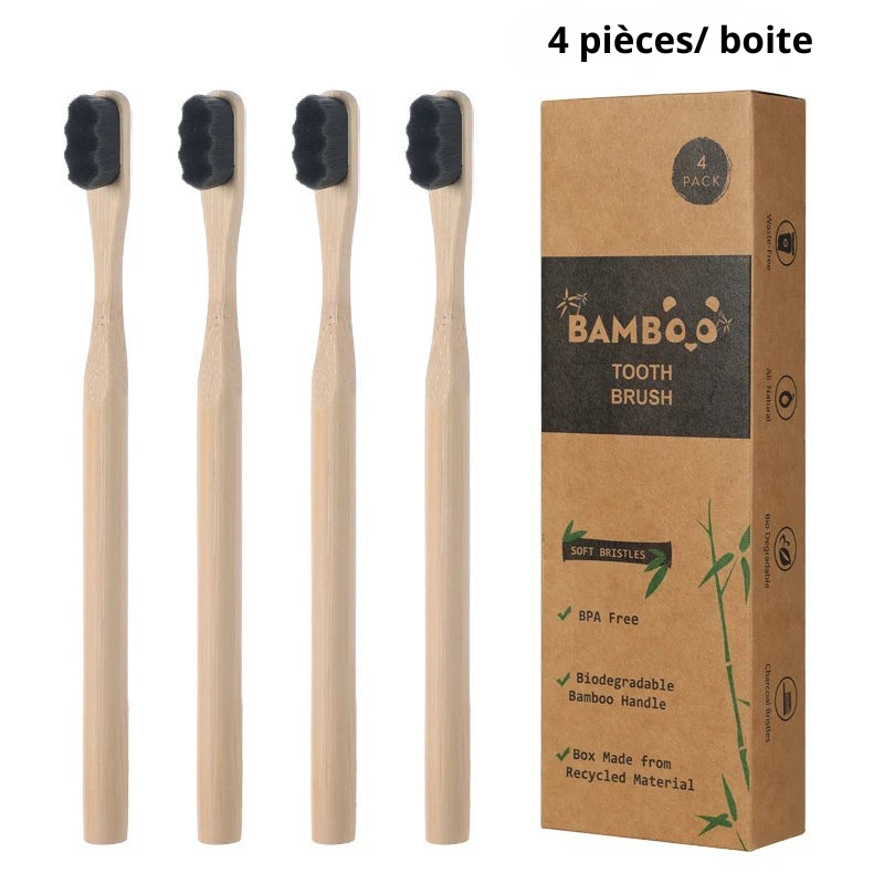 Lot de 4 Brosses à Dents en Bambou – Poils au Charbon Doux | Écologique & Sans BPA
