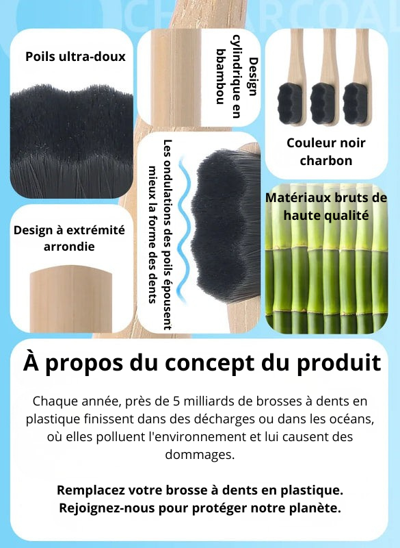 Lot de 4 Brosses à Dents en Bambou – Poils au Charbon Doux | Écologique & Sans BPA